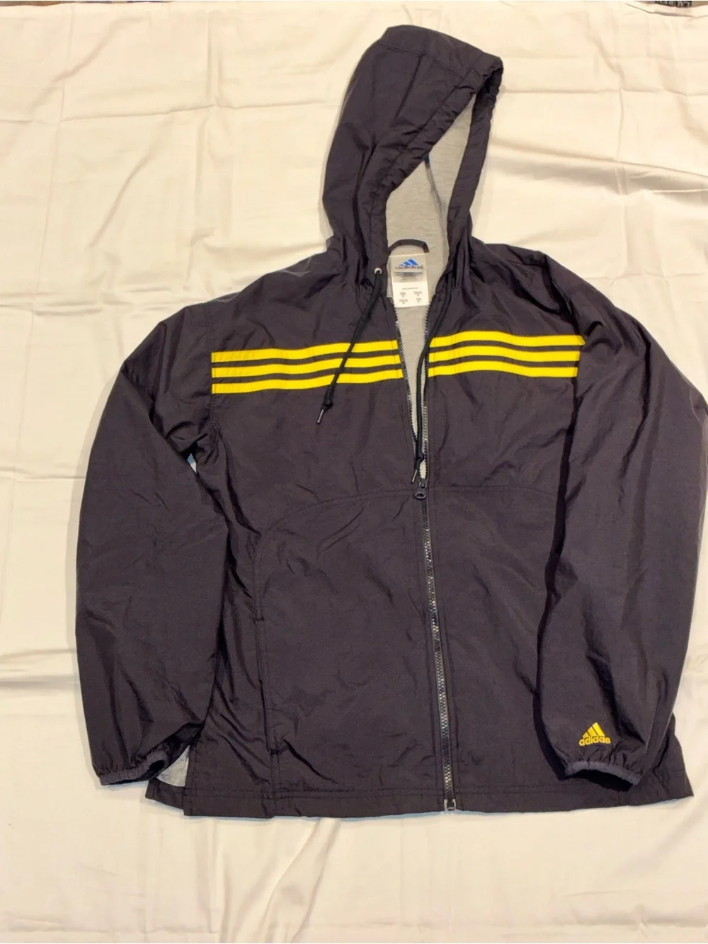 Vintage Y2K Adidas Hooded Windbreaker Jacket Navy Blue Yellow Striped Medium